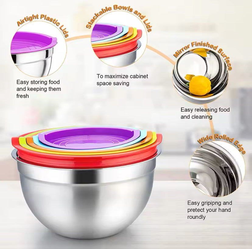 Set Of 5 Stainless Steel Mixing Bowl With Lid, Silicone Mixing Bowl Set, Salad Cooking Mixing Bowl, Stainless Steel Pots, Multifunctional Sealed Fresh Bowl Household, Kitchen Cooking Bowl Set Of 5 Stainless Steel Mixing Bowl With Lid, Silicone Mixing Bowl Set, Salad Cooking Mixing Bowl, Stainless Steel Pots, Multifunctional Sealed Fresh Bowl Household, Kitchen Cooking Bowl